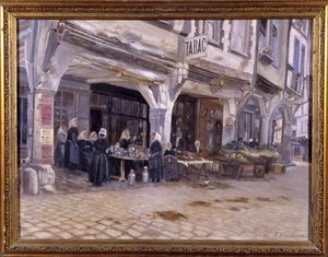 Marché sous les porches à Dinan - par F. Gombeaux, fin du 19e siècle