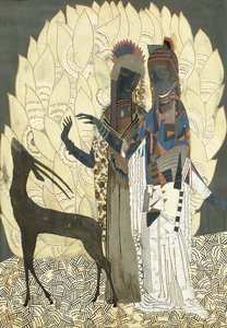 Deux femmes stylisées avec une antilope parmi les feuillages, vers 1928