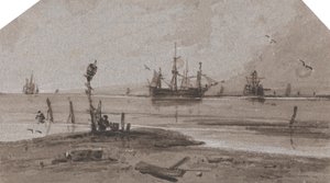 Navires ancrés au large dans une mer calme - Francois Louis Thomas Francia