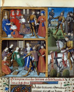 Scènes de la vie du roi des Francs Charlemagne (742-814). Miniature tirée du manuscrit « Speculum historiale » par Vincent de Beauvais enluminée par le Maître François (15ème siècle). Chantilly, Condé - Maître François