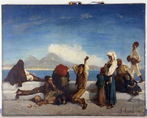 Les Lazzaroni, personnages du peuple napolitain. Vue du golfe de Naples - Francois Reynaud