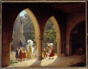 Madame Élisabeth de France (1764-1794), sœur de Louis XVI assistant à la distribution de lait dans sa maison de Montreuil près de Versailles. Peinture par François Richard Fleury (1777-1852). Versailles, musée du château