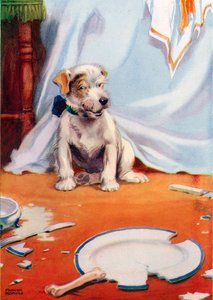 Chien avec une assiette cassée (lithographie en couleur) - Frank Adams