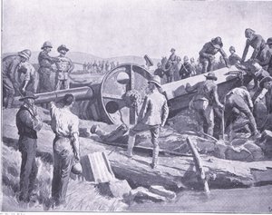 Faire passer un canon par un endroit difficile, illustration de Après Pretoria : La guerre de guérilla, 1902 - Frank Dadd