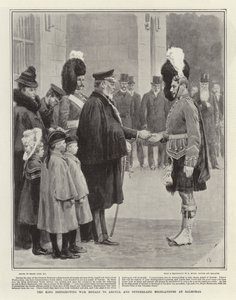 Le roi distribuant des médailles de guerre aux Argyll et Sutherland Highlanders à Balmoral