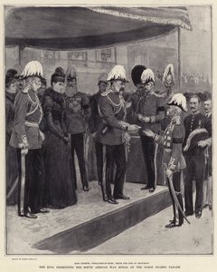 Le Roi remettant la médaille de la guerre sud-africaine sur la parade des Horse Guards