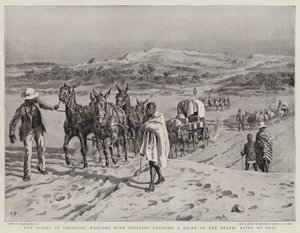 Le Soulèvement en Rhodésie, des chariots avec des provisions traversant un gué de la rivière Shashi à Tuli