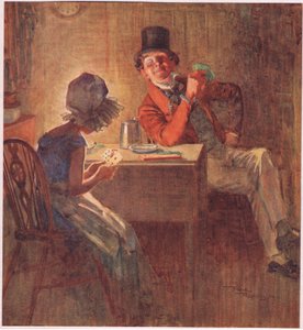 La marquise tenant ses cartes très serrées dans les deux mains, considérant laquelle jouer, c.1920 (lithographie en couleur) - Frank Reynolds