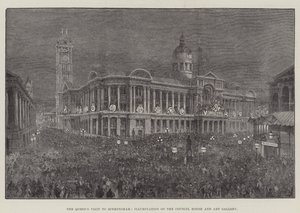La visite de la reine à Birmingham, illumination de la maison du conseil et de la galerie d