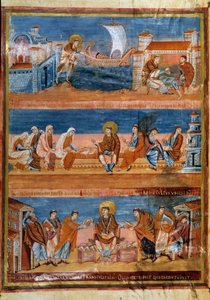 Saint Jérôme quittant Rome et payant son maître à Jérusalem (en haut), travaillant avec ses scribes (au centre) et distribuant la Vulgate (en bas). Miniature dans « Première Bible de Charles le Chauve, également connue sous le nom de Bible de Vivien » (Fol - Frankish School
