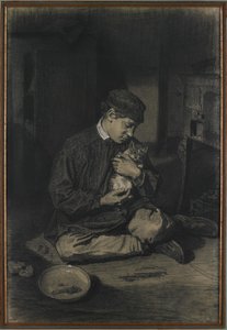 Garçon assis tenant un chat (recto); Étude de chatons et une assiette de lait (verso), c. 1874-80 - François Bonvin