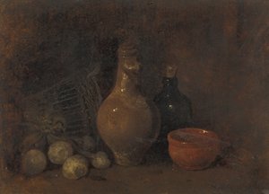 Nature morte avec quatre fruits, verre et poterie - François Bonvin