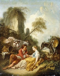 Un paysage pastoral avec un berger et une bergère assis près de ruines