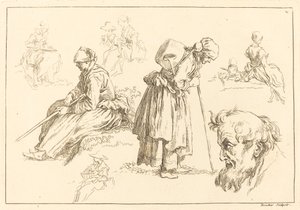 Études de figures incluant une femme avec une bouilloire