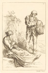 Femme assise avec un garçon paysan tenant un panier