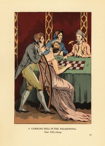Incroyables à la mode en vestes à col haut à une table de jeu avec une jeune femme et un croupier. Un enfer du jeu au Palais Royal, An VIII - François Courboin