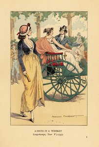 Couple à la mode conduisant une voiture à cheval ou un gig à Longchamps, Paris, An V - François Courboin