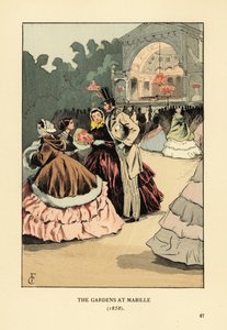 Gens à la mode à la danse en plein air, Bal Mabille. Femmes en crinolines larges et capes en fourrure, homme en haut-de-forme, veste et pantalon rayé. La danse du soir au Jardin Mabille, Avenue Montaigne, se tenait de 1844 à 1875. Les jardins de Mabille
