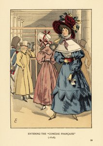 Femmes à la mode au théâtre, Paris. Femme en grand bonnet avec rubans, robe à col haut, cape en dentelle ou pèlerine et manches bouffantes. Entrée à la Comédie-Française - François Courboin