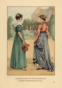 Femmes à la mode profitant des délices du Château de Malmaison. Une promenade dans le parc en 1804. Lithographie en couleur par R.V. d