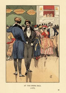 Fops en manteau à queues, gilet, pantalon serré et bas blancs. Personnes en costume de fantaisie et masques derrière eux. Au bal de l