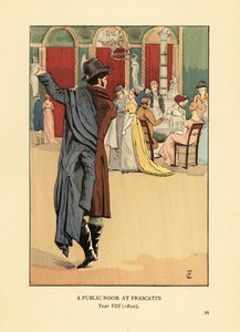 Gentleman mettant un manteau carrick en quittant un salon à la mode. Une salle publique chez Frascati, Paris, Année VIII - François Courboin