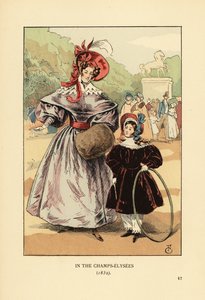 Femme et enfant avec cerceau jouant dans le parc. Aux Champs Élysées - François Courboin