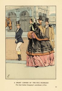 Femme en cape doublée de fourrure et manchon sur une large crinoline, avec une autre femme en tenue d