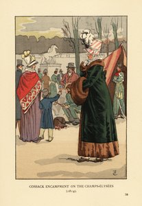 Femme en manteau doublé de fourrure avec manchon en fourrure visitant le bivouac des Cosaques Tatars et Kalmouks à Paris après la chute de Napoléon. Campement cosaque sur les Champs-Élysées