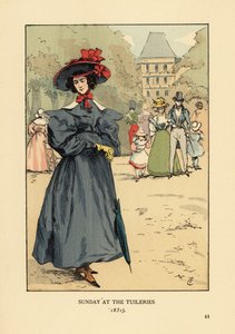 Femme se promenant en tenue du dimanche dans le parc. Elle porte un chapeau à large bord, une robe à manches bouffantes, des bottines et un parasol. Dimanche au jardin des Tuileries - François Courboin