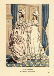 Femmes avec coiffes à plumes et robes brodées luxueuses, cour du roi Louis XVIII, vers 1817. Intérieur avec rideaux bleus et tapis fleur de lys. Robes de cour au début de la Restauration, Paris. Lithographie coloriée à la main par R.V. d