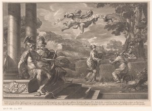 Personnifications assises du Génie et de la Philosophie avec des nymphes plantant des roses
