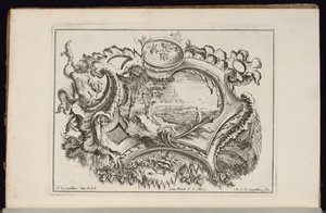 Cartouche avec Putto soufflant dans une conque, Livre de Cartouches Irréguliers