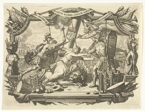 La vierge hollandaise attaquée par un soldat et protégée par le Père Temps dans un cadre avec trophées d