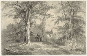 Allée entre arbres avec cavalier et femme - Frans Breuhaus de Groot