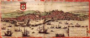 Vue de Lisbonne et du fleuve Tage : Civitates Orbis Terrarum - Frans Hogenberg