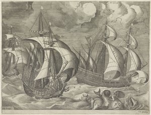 Trois navires de guerre, au premier plan Arion sur un dauphin - Frans Huys