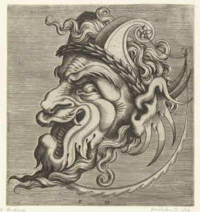 Masque de profil avec deux cornes de volutes et une couronne de laurier