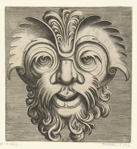 Masque avec barbe et moustache bouclées, une touffe de boucles repose sur l