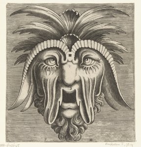 Masque avec une bouche édentée ouverte, des joues tombantes et des touffes sur la tête