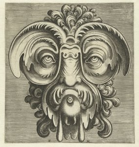 Masque avec des assiettes autour des yeux et une touffe de boucles sur la tête - Frans Huys