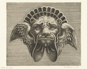 Masque avec des ailes à la place des oreilles et une coiffe en forme de coquille (Pourtraicture ingenieuse de plusieurs facons de masques...) - Frans Huys