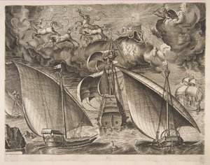 Deux galères naviguant derrière un trois-mâts armé avec Phaéton et Jupiter dans le ciel