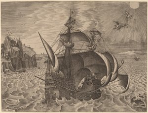Trois-mâts armé avec Dédale et Icare dans le ciel - Frans Huys after Pieter Bruegel the Elder