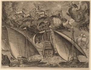 Deux Galères derrière un Trois-Mâts Armé avec Phaéton et Jupiter dans le Ciel - Frans Huys after Pieter Bruegel the Elder