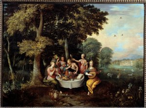 Les cinq sens. Jeunes femmes dans un paysage avec banquet (goût), musique (ouïe), miroir (vue), bouquet de fleurs (odorat) et caresse (toucher). Peinture de Franz Francken II le Jeune (1581-1642) XVIIe siècle Toulouse, musée - Frans II Francken