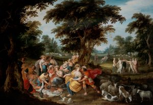 Arcadie : Un paysage pastoral avec des bergers et une bergère pique-niquant