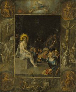 La Dérision du Christ, dans un entourage en grisaille représentant Dieu le Père, les Évangélistes, La Crucifixion, La Résurrection et Le Diable et la Mort avec le Serpent couronné - Frans II the Younger Francken