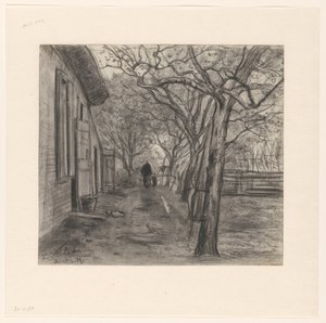 Cour de ferme avec arbres, femme et enfant - Frans Alexander Evert Lodewijk Smissaert