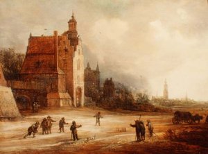 Soldats jouant aux quilles sur une route, Breda au loin - Frans de Momper